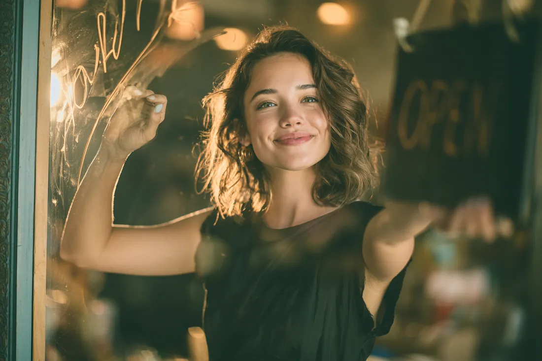 Shop owner opening her store in the morning after arranging flexible financing