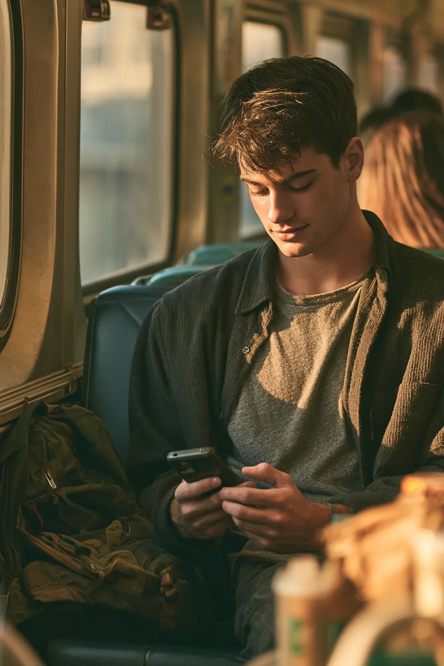 Young man carefully reading loan terms on his phone during a commute